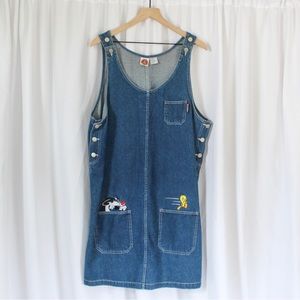 Vintage 90s Looney Tunes Tweety Denim Overall Dress XL